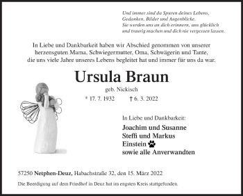 Traueranzeige von Ursula Braun von Siegener Zeitung