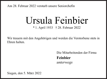 Traueranzeige von Ursula Feinbier von Siegener Zeitung