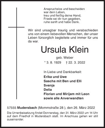 Traueranzeige von Ursula Klein von Siegener Zeitung