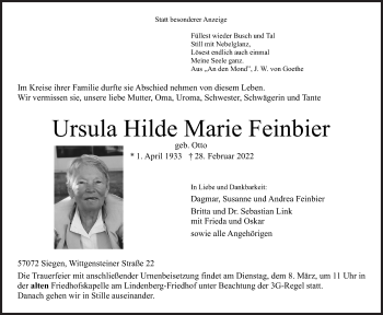 Traueranzeige von Ursula Hilde Marie Feinbier von Siegener Zeitung