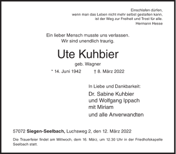 Traueranzeige von Ute Kuhbier von Siegener Zeitung