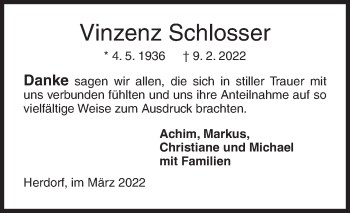 Traueranzeige von Vinzenz Schlosser von Siegener Zeitung