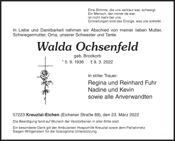 Traueranzeige von Walda Ochsenfeld von Siegener Zeitung