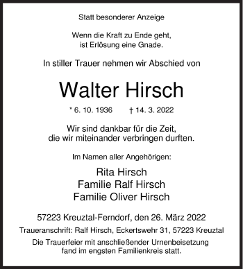 Traueranzeige von Walter Hirsch von Siegener Zeitung