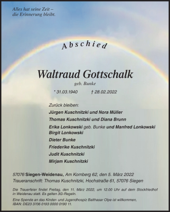 Traueranzeige von Waltraud Gottschalk von Siegener Zeitung