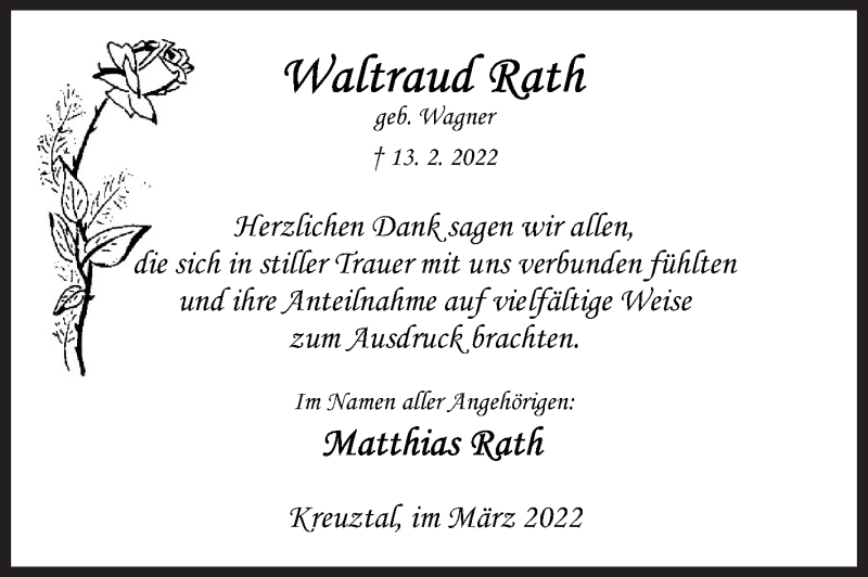  Traueranzeige für Waltraud Rath vom 25.03.2022 aus Siegener Zeitung