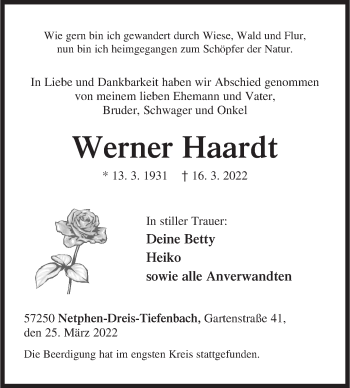 Traueranzeige von Werner Haardt von Siegener Zeitung