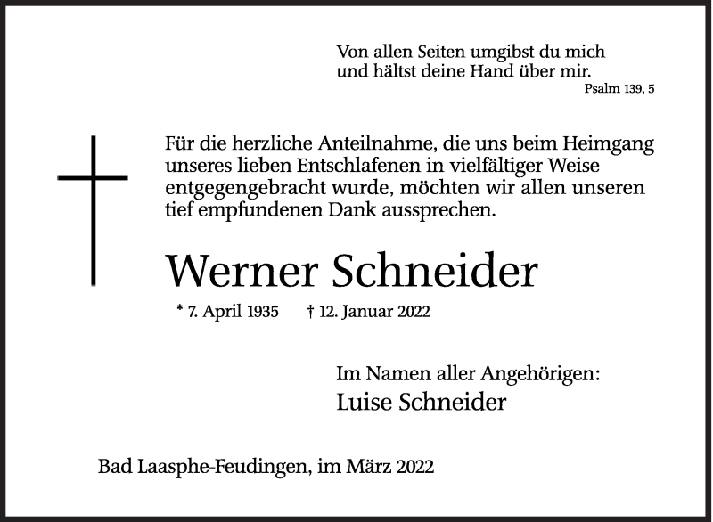  Traueranzeige für Werner Schneider vom 19.03.2022 aus Siegener Zeitung