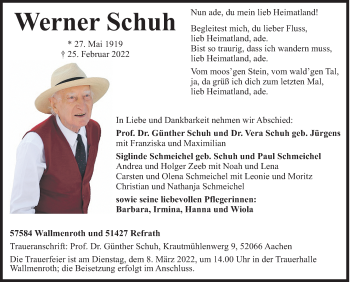 Traueranzeige von Werner Schuh von Siegener Zeitung