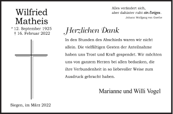 Traueranzeige von Wilfried Matheis von Siegener Zeitung