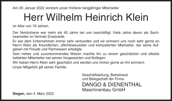 Traueranzeige von Wilhelm Heinrich Klein von Siegener Zeitung
