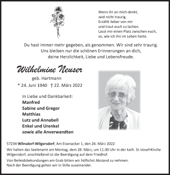 Traueranzeige von Wilhelmine Neuser von Siegener Zeitung