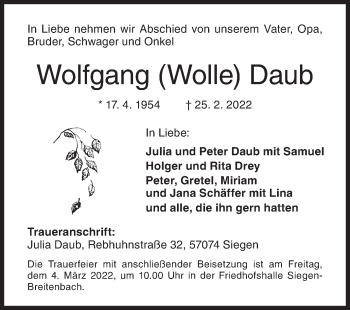 Traueranzeige von Wolfgang Daub von Siegener Zeitung