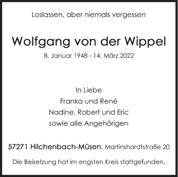Traueranzeige von Wolfgang von der Wippel von Siegener Zeitung