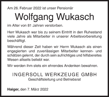 Traueranzeige von Wolfgang Wukasch von Siegener Zeitung