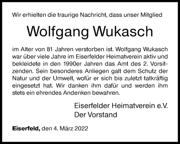 Traueranzeige von Wolfgang Wukasch von Siegener Zeitung