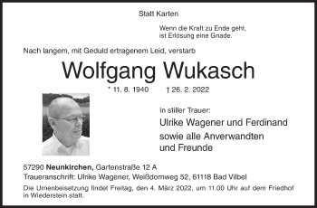 Traueranzeige von Wolfgang Wukasch von Siegener Zeitung