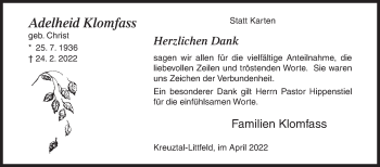 Traueranzeige von Adelheid Klomfass von Siegener Zeitung