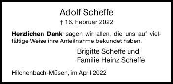 Traueranzeige von Adolf Scheffe von Siegener Zeitung