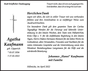 Traueranzeige von Agatha Kaufmann von Siegener Zeitung