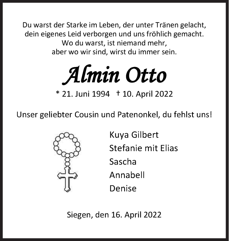  Traueranzeige für Albert Menandro Otto vom 16.04.2022 aus Siegener Zeitung