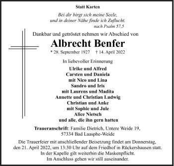 Traueranzeige von Albrecht Benfer von Siegener Zeitung