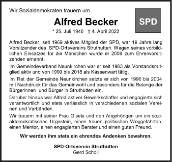 Traueranzeige von Alfred Becker von Siegener Zeitung