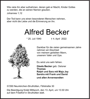 Traueranzeige von Alfred Becker von Siegener Zeitung