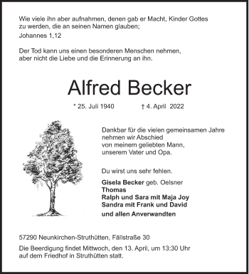 Traueranzeige von Alfred Becker von Siegener Zeitung