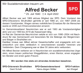 Traueranzeige von Alfred Becker von Siegener Zeitung