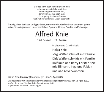 Traueranzeige von Alfred Knie von Siegener Zeitung