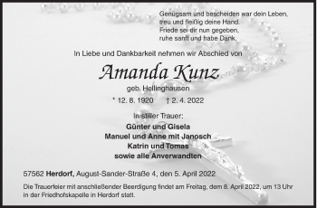 Traueranzeige von Amanda Kunz von Siegener Zeitung
