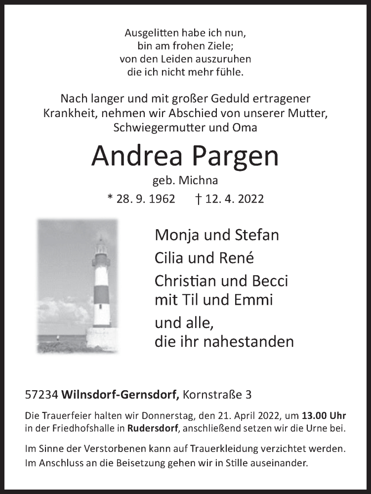  Traueranzeige für Andrea Pargen vom 19.04.2022 aus Siegener Zeitung