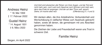Traueranzeige von Andreas und Gustel Heinz von Siegener Zeitung