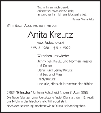 Traueranzeige von Anita Kreutz von Siegener Zeitung