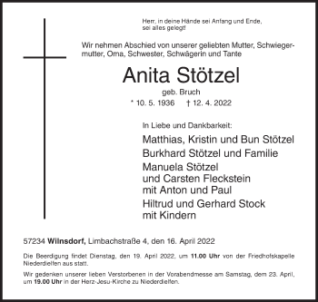 Traueranzeige von Anita Stötzel von Siegener Zeitung