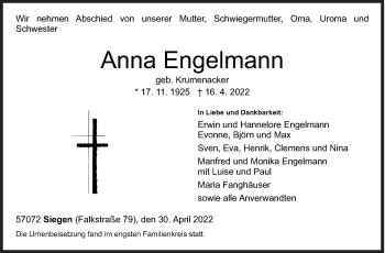 Traueranzeige von Anna Engelmann von Siegener Zeitung