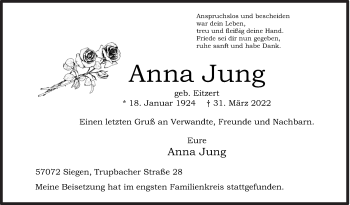 Traueranzeige von Anna Jung von Siegener Zeitung