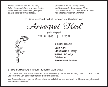 Traueranzeige von Annegret Keil von Siegener Zeitung