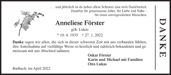 Traueranzeige von Anneliese Förster von Siegener Zeitung