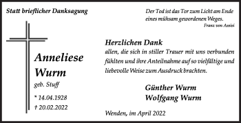 Traueranzeige von Anneliese Wurm von Siegener Zeitung