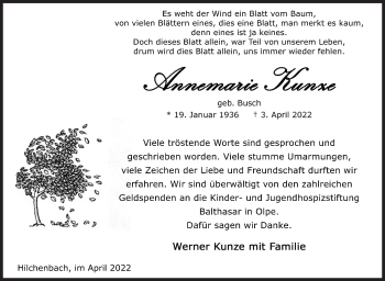 Traueranzeige von Annemarie Kunze von Siegener Zeitung