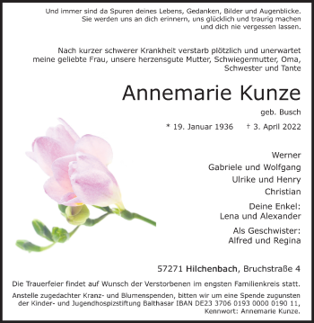 Traueranzeige von Annemarie Kunze von Siegener Zeitung