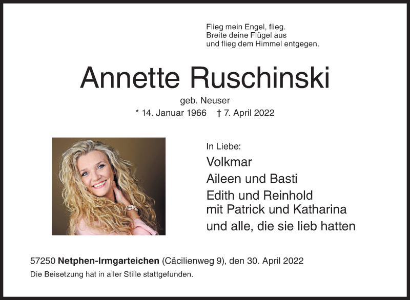  Traueranzeige für Annette Ruschinski vom 30.04.2022 aus Siegener Zeitung
