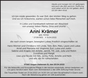 Traueranzeige von Anni Krämer von Siegener Zeitung