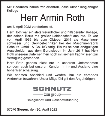 Traueranzeige von Armin Roth von Siegener Zeitung