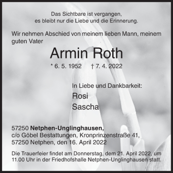 Traueranzeige von Armin Roth von Siegener Zeitung