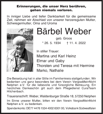 Traueranzeige von Bärbel Weber von Siegener Zeitung