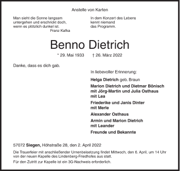 Traueranzeige von Benno Dietrich von Siegener Zeitung