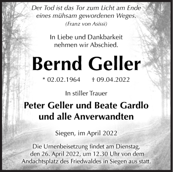 Traueranzeige von Bernd Geller von Siegener Zeitung
